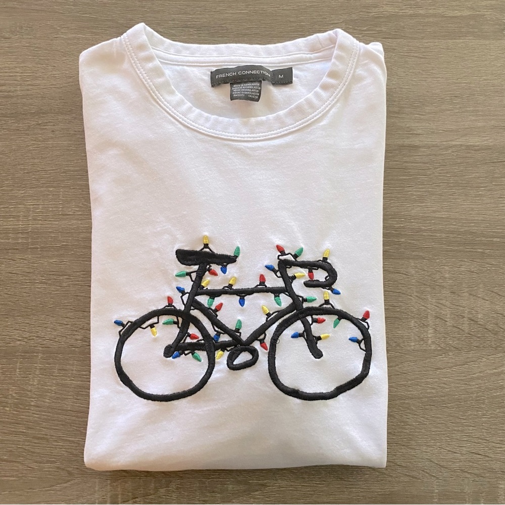 French Connection White Tee with Bicycle Design